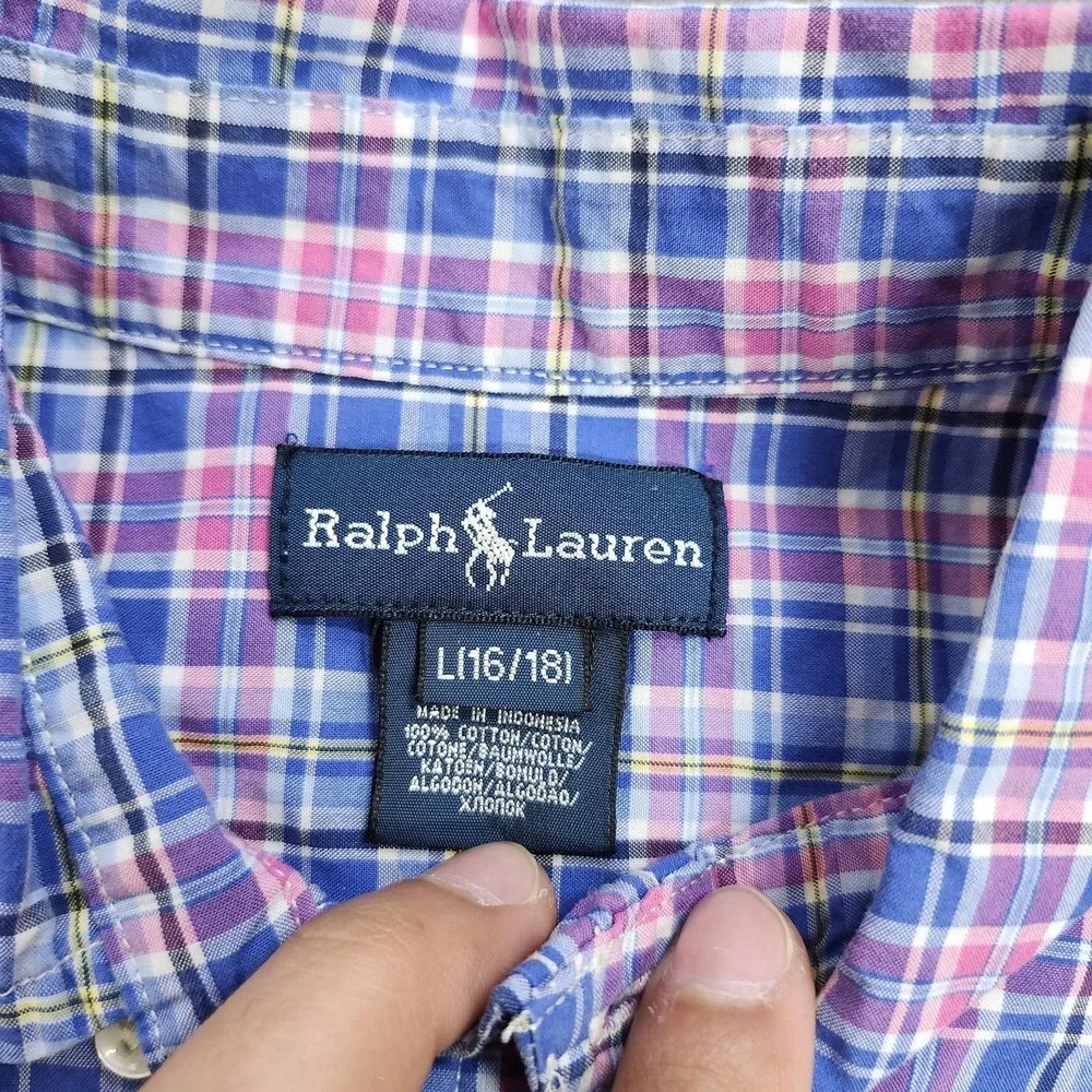 Ralph Lauren Shirt Boys Large 16/18 Blue Pink Plaid Button Down Long Sleeve Pony